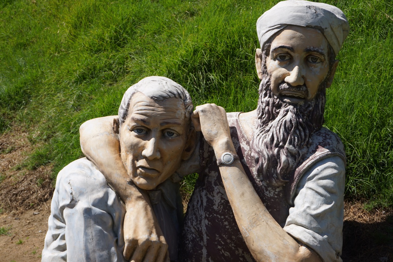 This strange and absurd sculpture was in the fields in front of our hotel. Bush and Bin Laden proxying as scarecrows?
