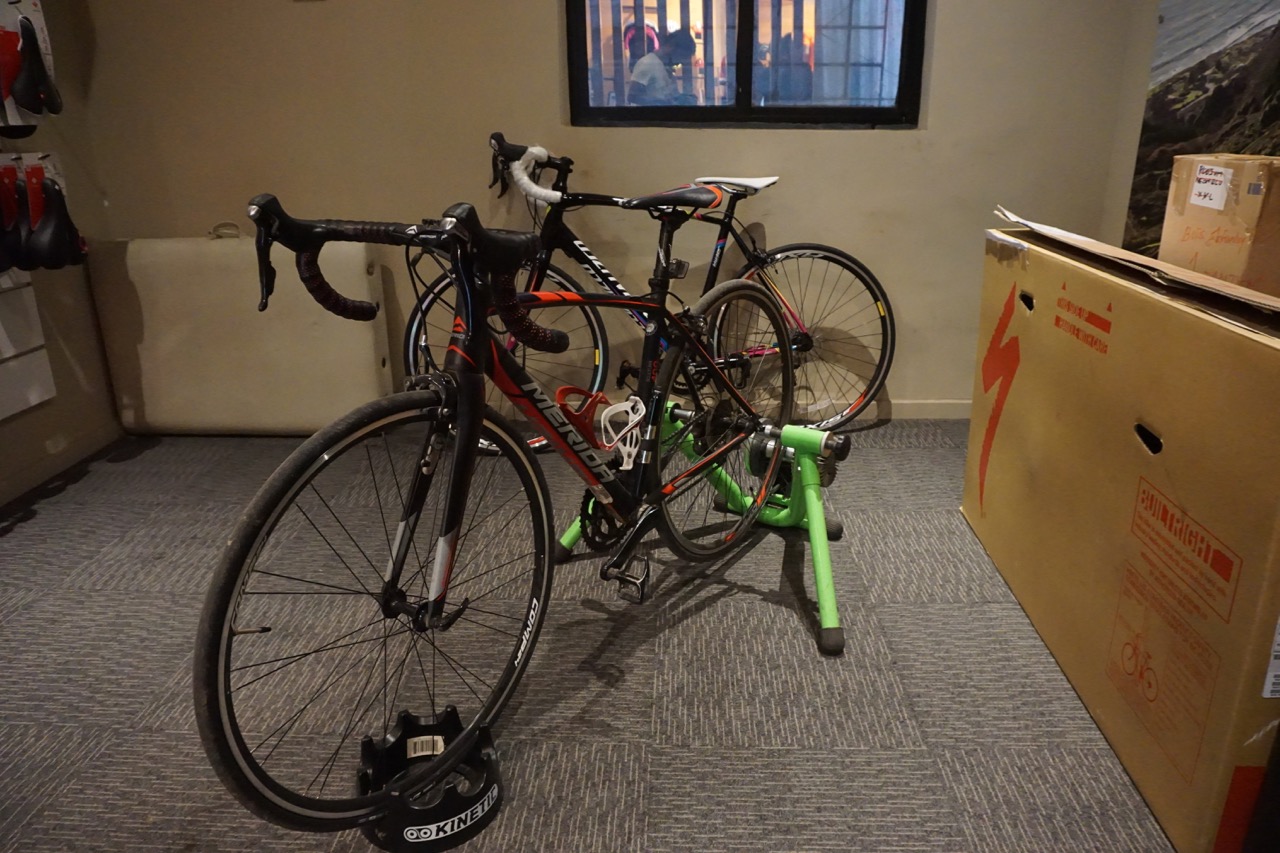 My bike all set up on a turbo trainer in the bike fit room.