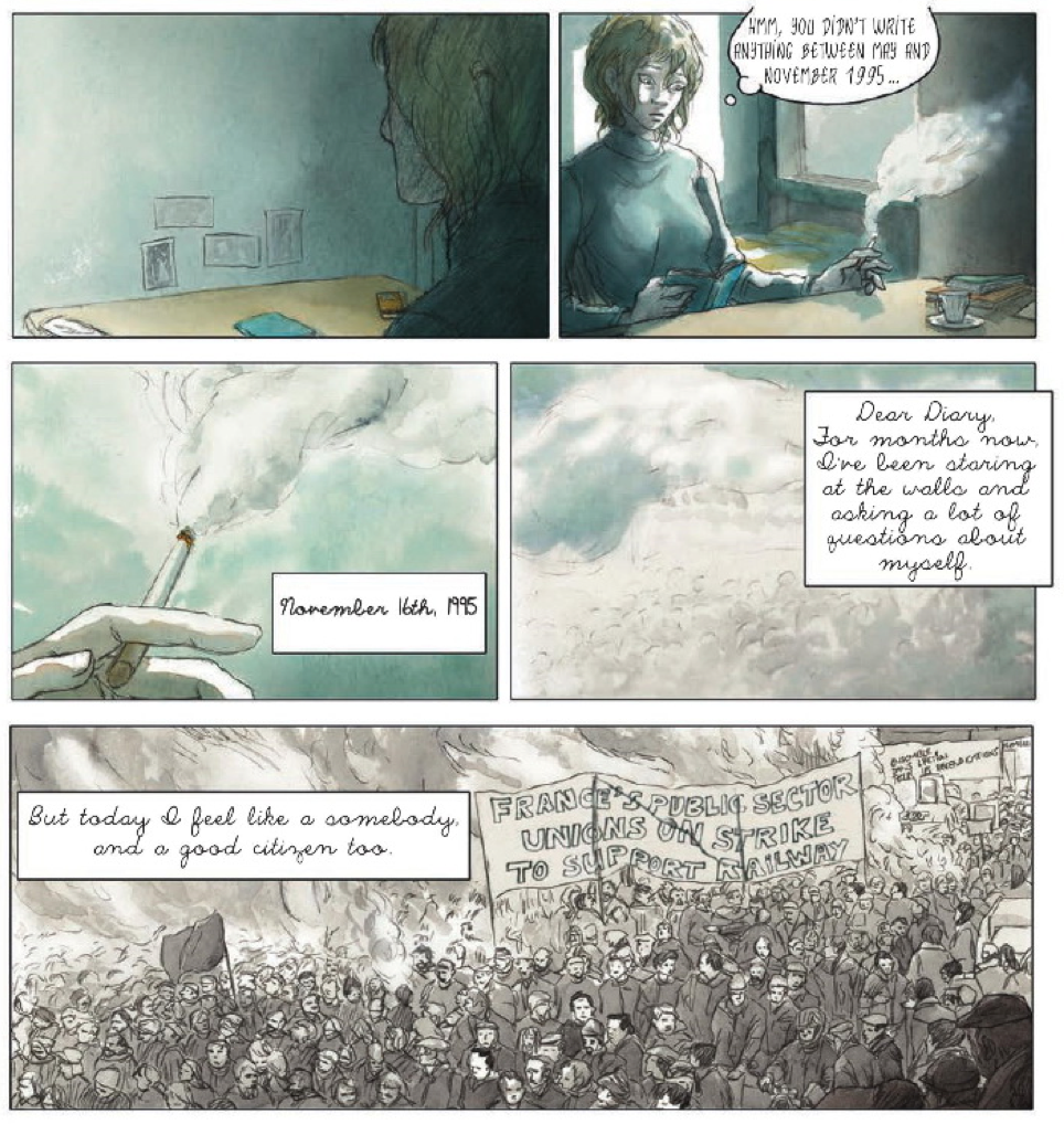 Here the smoke from the cigarette morphs into the smoke from a protest fire.