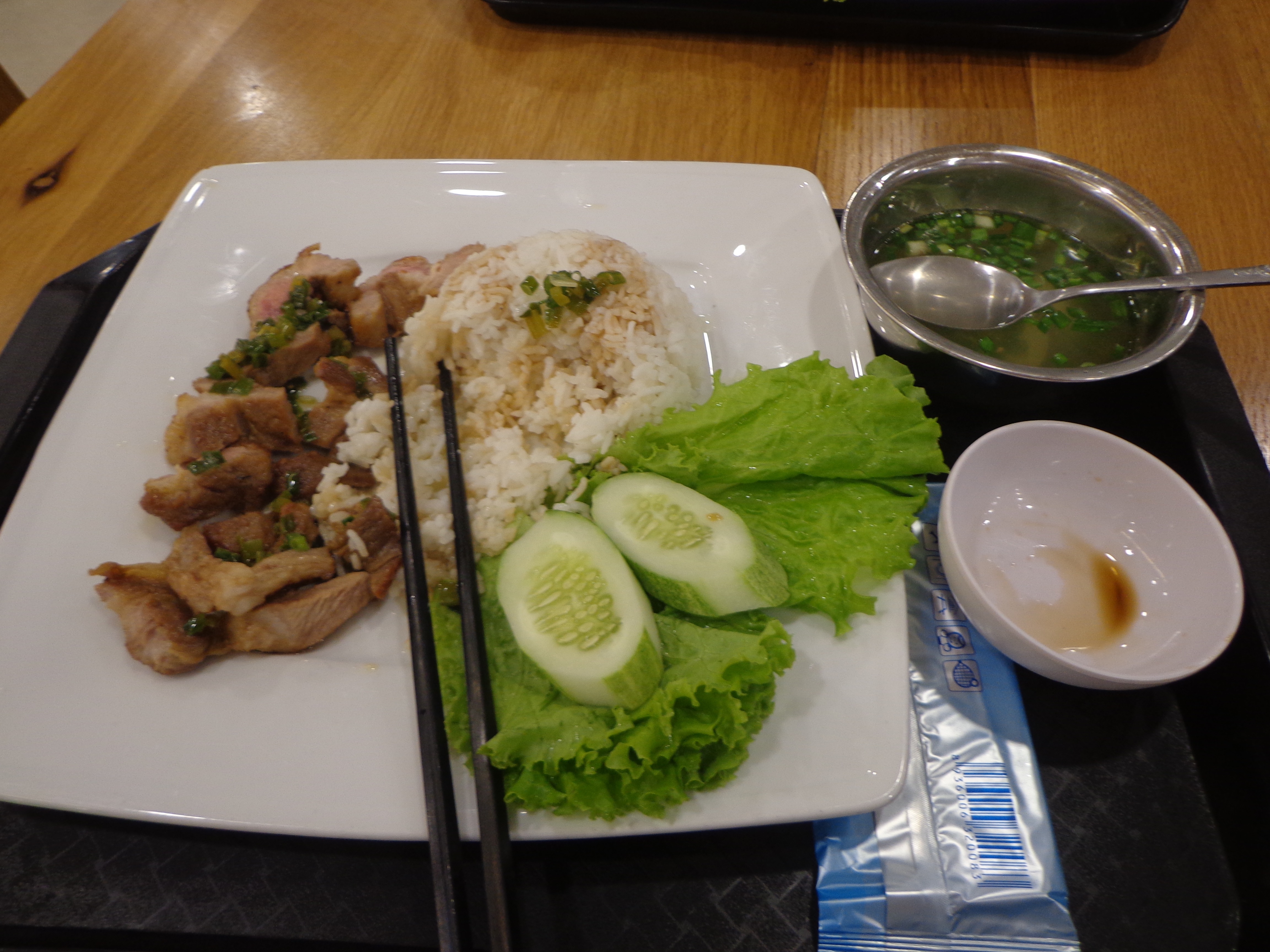 Fried pork, steamed rice and clear soup.