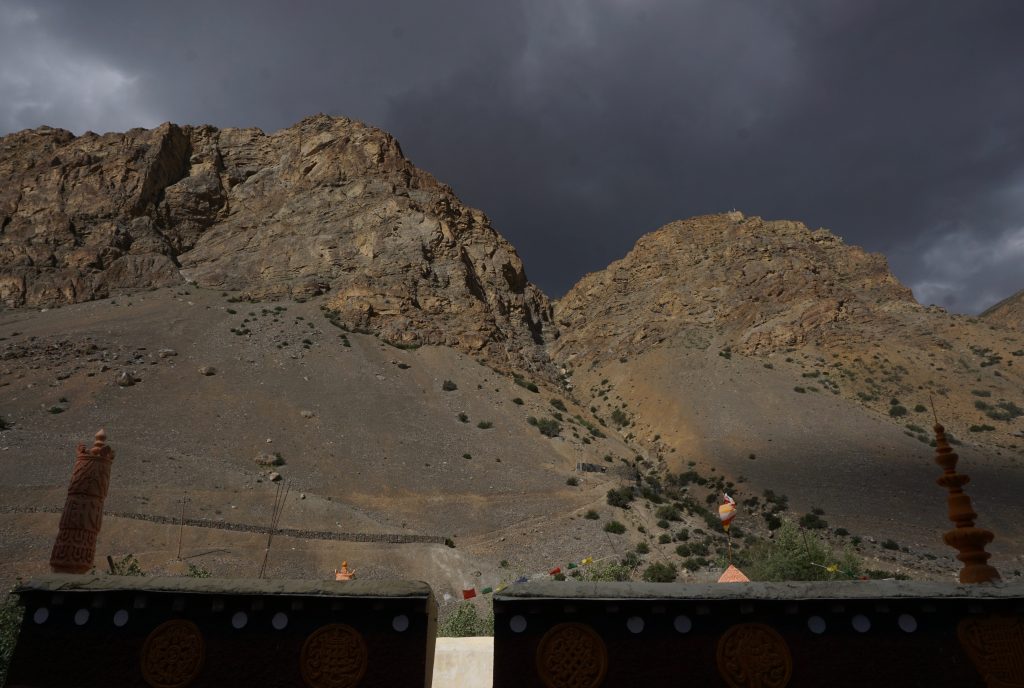 The two stupas and flags on each of the hill-tops flak Gitte village. This is taken from Key monastery. I was later told that an app called maps.me could have shown me the trail.