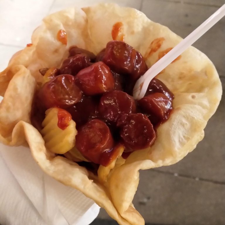 I had mine with potato fries and currywurst. There was also the option of chicken as well as mushrooms.