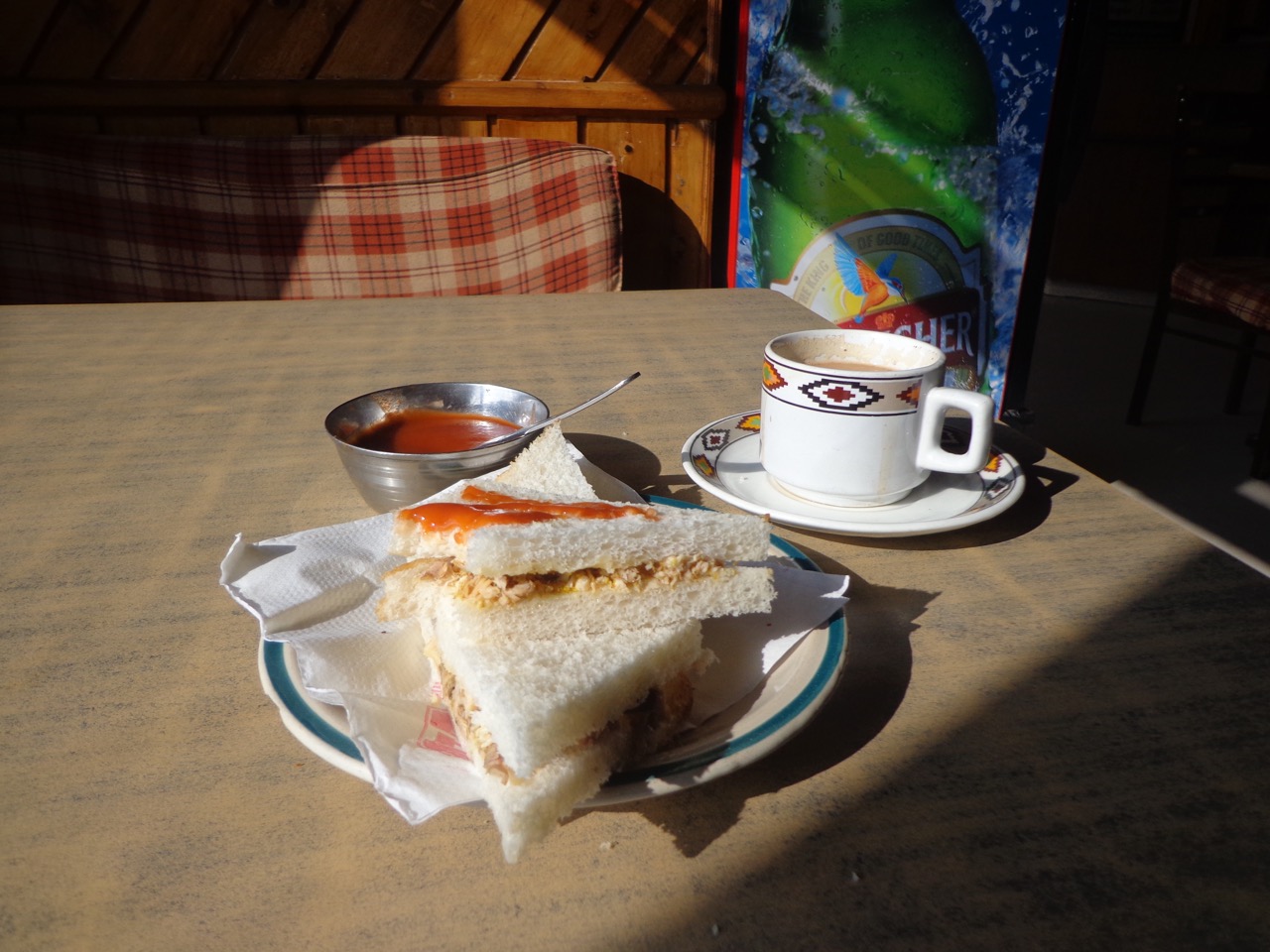 Masala Tea and Chicken Sandwich. The veg sandwich at Dalhousie bus stand was better by leaps and bounds.