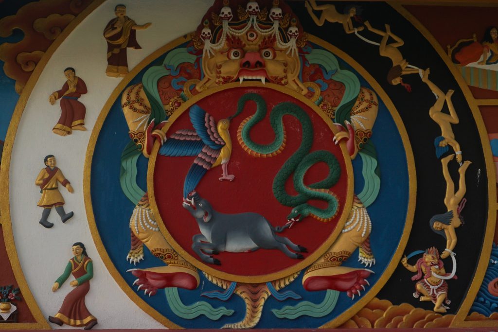 The three poisons, Yama, and karma in the central panel. The twelve nidanas (not visible in the photo) are on the same panel. The panels depicting gods, demi-gods, and human realms were on one side of this central panel and animal, hungry-ghosts, and hell were on the other side.