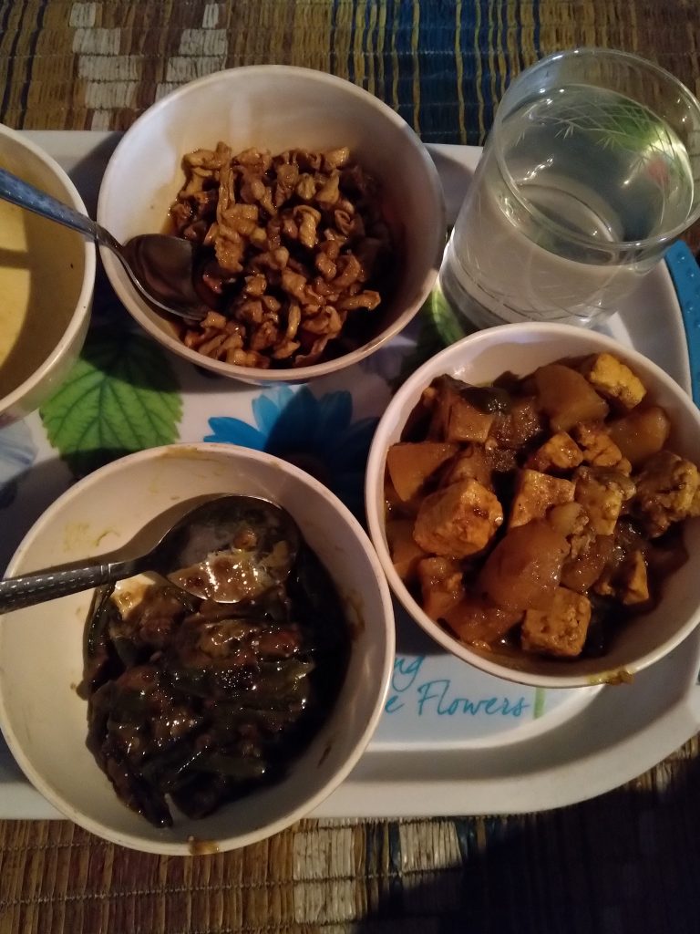 Radish pickle, Yak-milk paneer (chhurpi) and Chili sabji. I had already finished the dal.