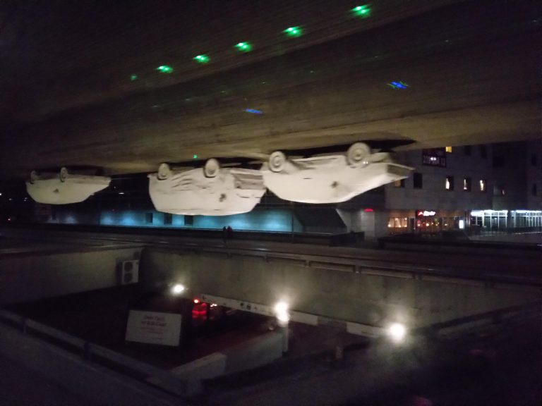 En route, the bus stopped at Hanover. This set of upside-down cars was an interesting installation near the bus stop.