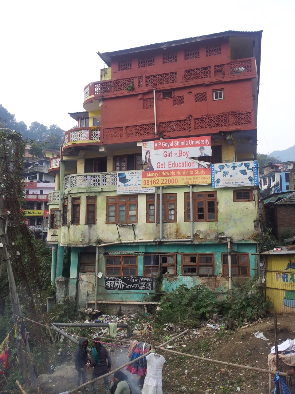 The lower two floors are not accessible from the entrance of the hotel located on the other side. The building is damaged beyond repair.