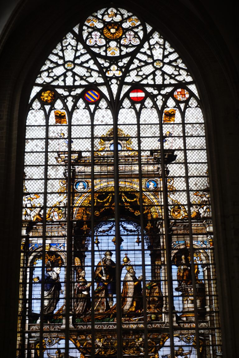 Stained-glass window inside the chapel. For details on all the stained windows, see here.