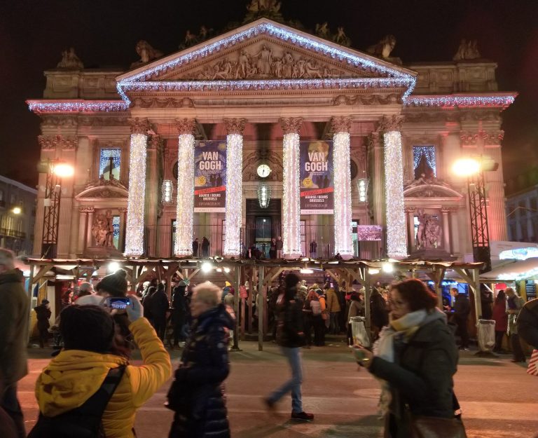 Christmas market in front of the Bourse (Brussels Stock Exchange).