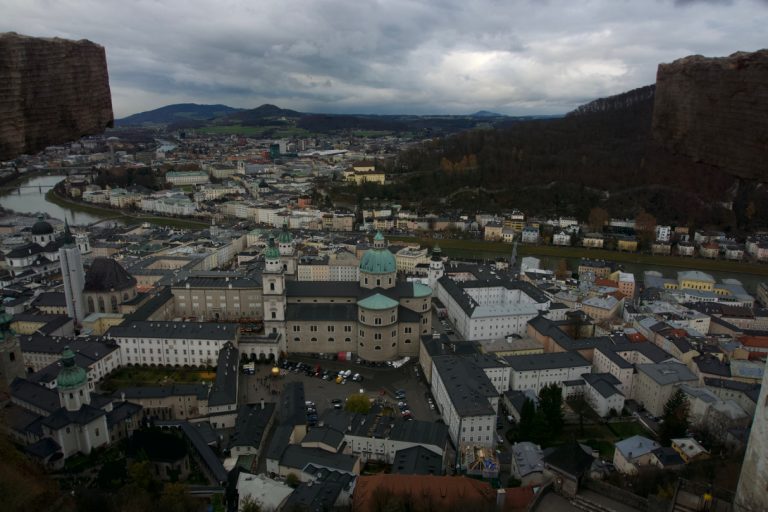 View of Salzburg city from the high tower of Hohensalzburg fortress.