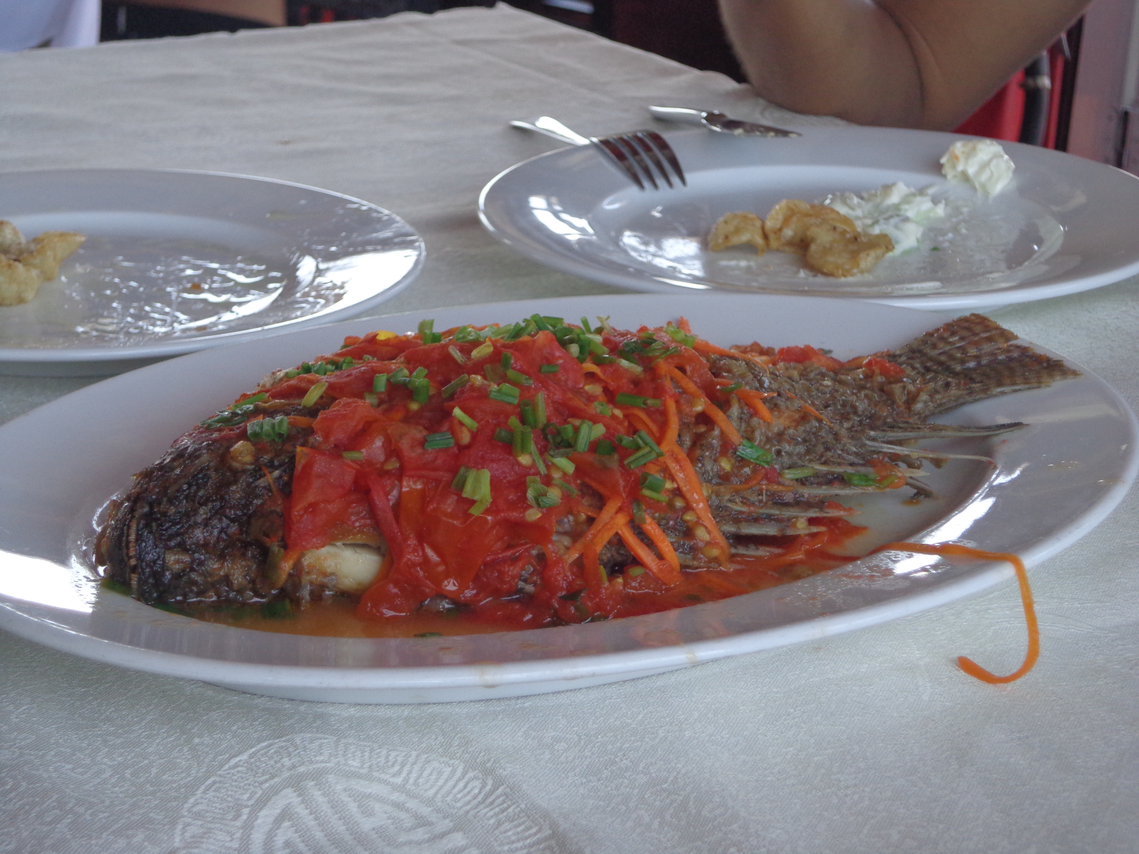 This fish dish was the closest to Vietnamese cuisine we got on the boat. In the background, on one of the plates, some western style fruit salad in mayo and some deep fried meat can be seen.