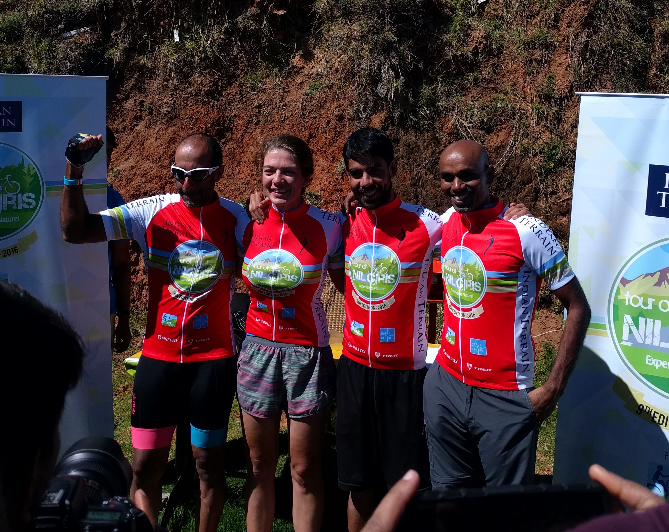 The Kings and Queens of Kalahatty. From left to right, Dr. Aravind Bhateja (veterans), Lena (overall ladies), Kiran Kumar Raju (elite and overall gents), Lord Venky (masters)