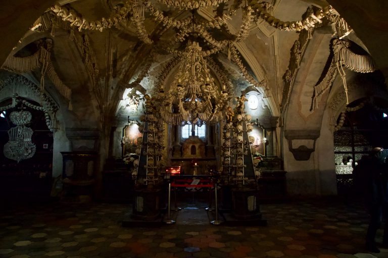 The interior of the ossuary. Note the bone chandelier.