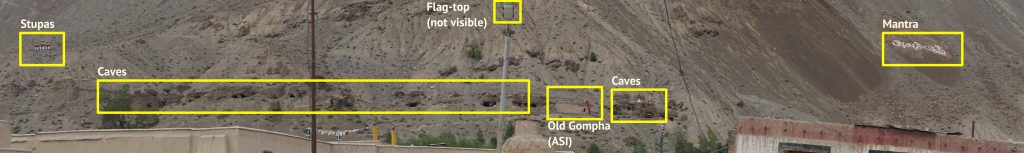 The hill opposite to Tabo village and its various features. (Click to enlarge)