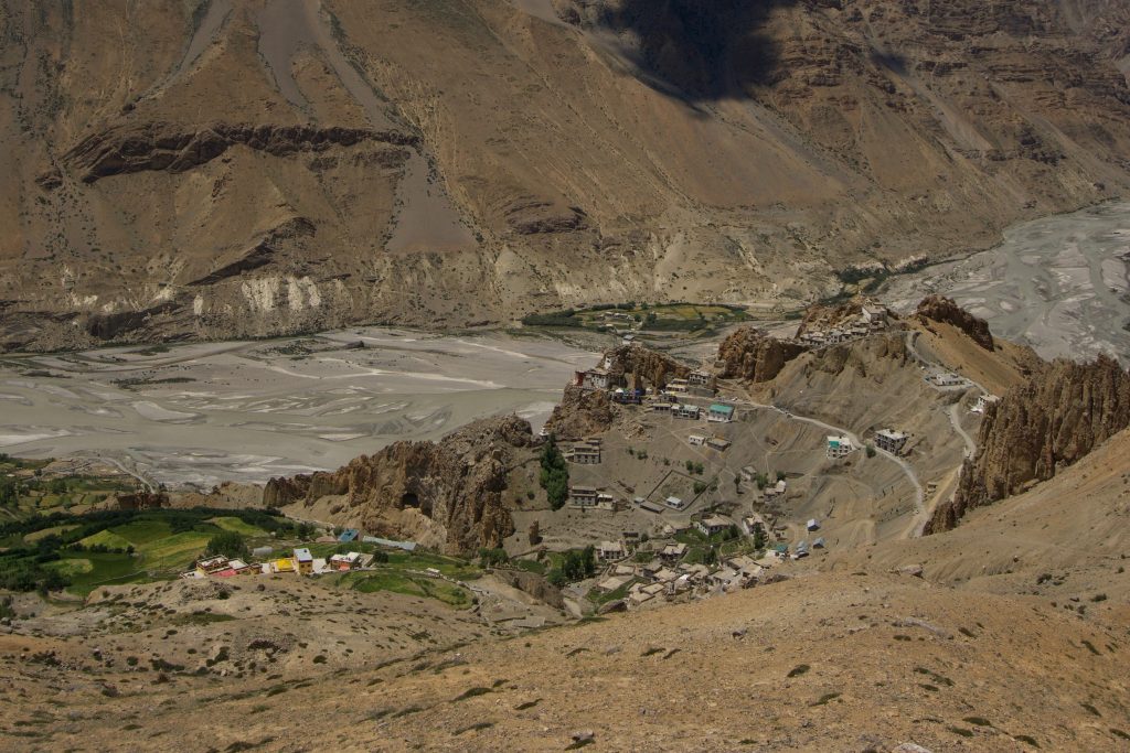 View of Dhankar from a flag hill that overlooks the valley and the lake on the other side.