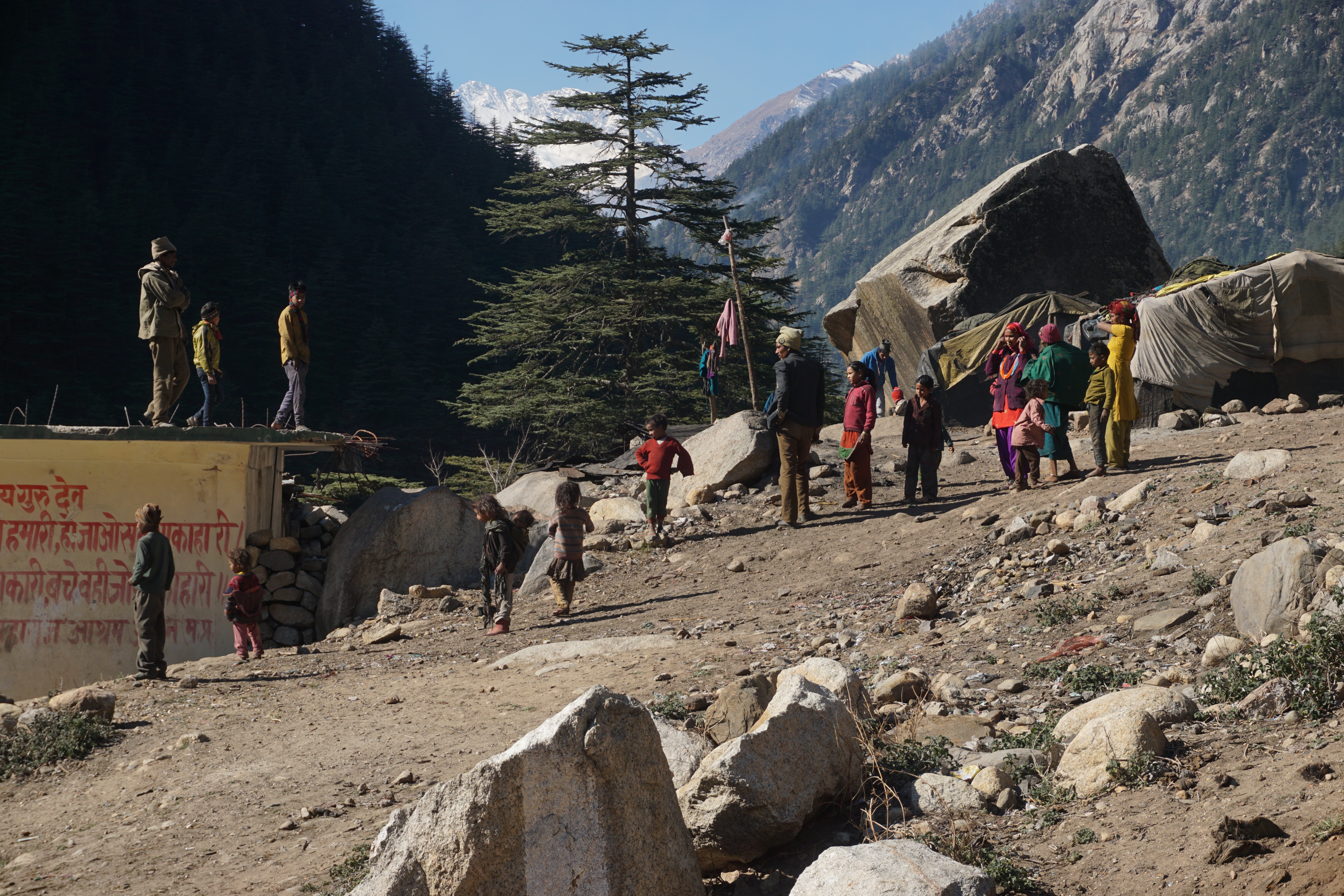 Migrant workers at Jangla bridge. Recently, an accident had caused an entire settlement of migrant workers from Jharkhand to flee from Jangla. Their empty tents and solar panels were still lying as-is.