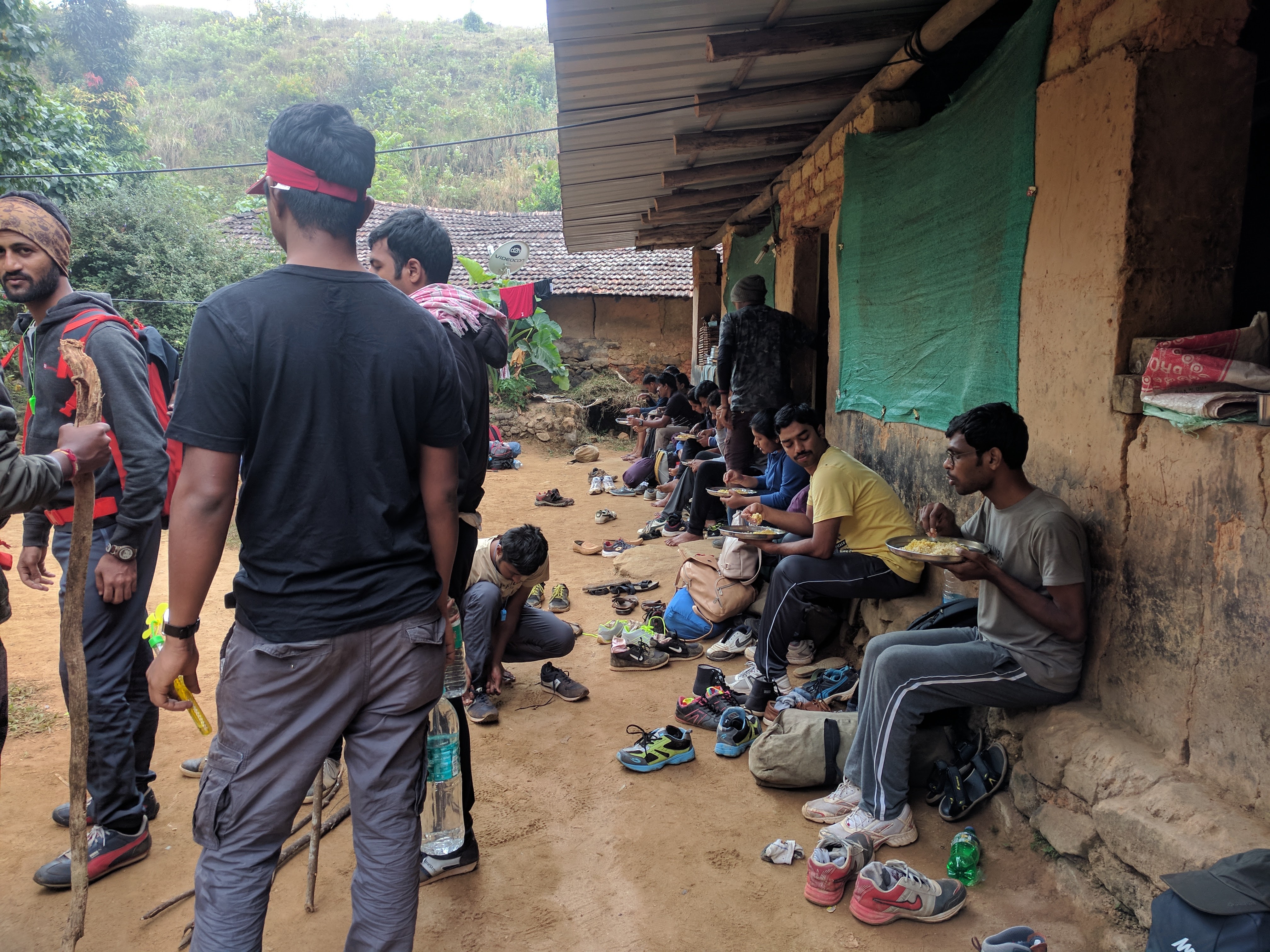 Trekkers having simple, tummy-filling breakfast arranged by Mr. Bhatt.