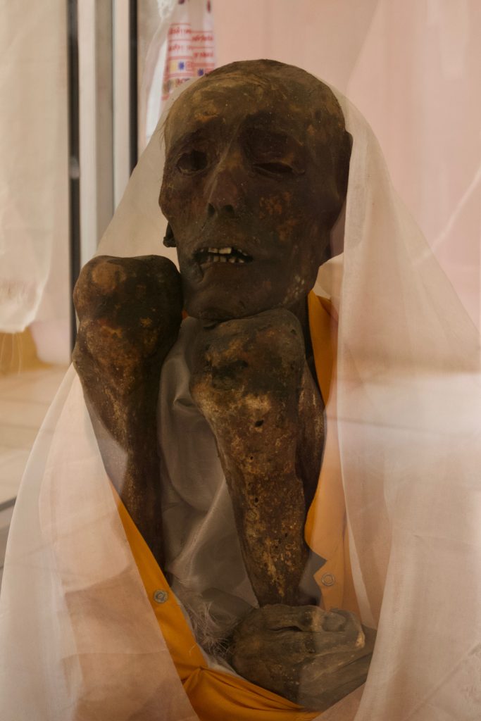 Lama Sangha Tenzin’s mummy. If you have seen the documentary, then you’d notice that the tattered, moth and maggot infested clothes—including the meditation belt—have been removed.