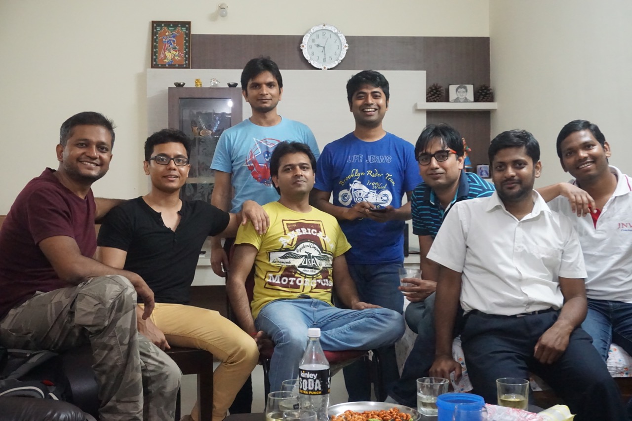 From left to right: Chandan, Nandy, Shashi Mohan (standing), Parth Sarathi (our host, sitting), me, Manu Pratap (peeking, in striped polo tee), Mogit, Nabakishore Munda.