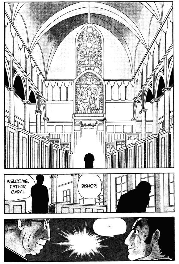 This is a colour page that has been flattened to black and white for publication. The long-shot setting, followed by silhouettes of characters and then a close-up is a classic film-making technique. Such techniques are widely used throughout the manga.