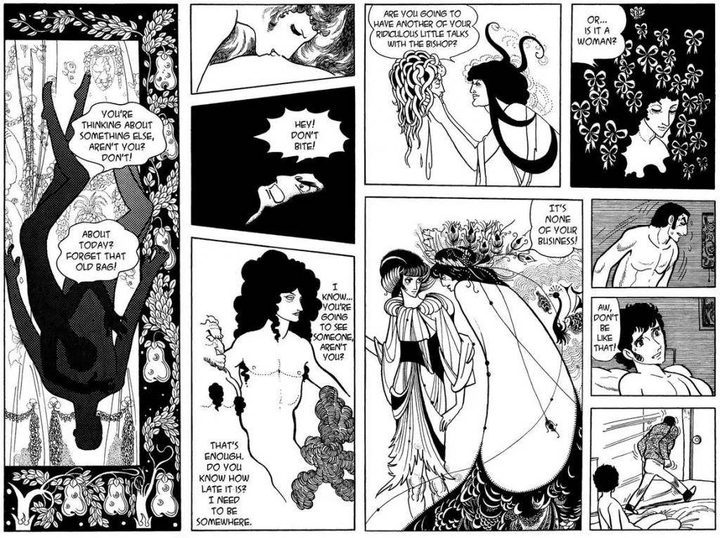 I liked this spread a lot. It alludes to a number of famous paintings. Tezuka&rsquo;s use of this bizarre dream-like sequence makes me feel like these two characters are trapped.