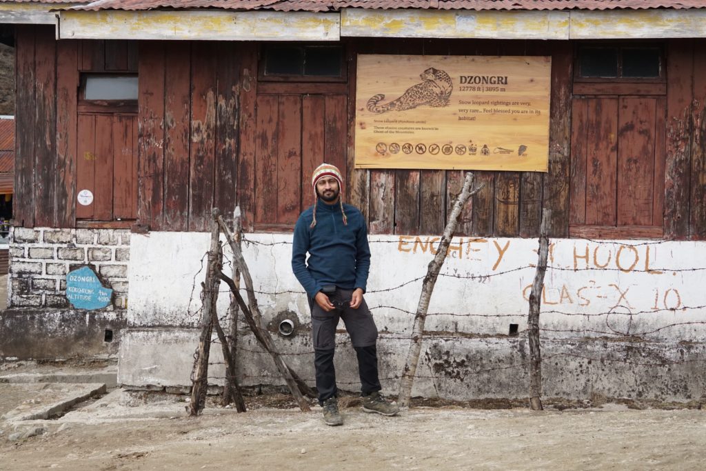 Mayank posing in front of Dzongri trekker&rsquo;s hut.