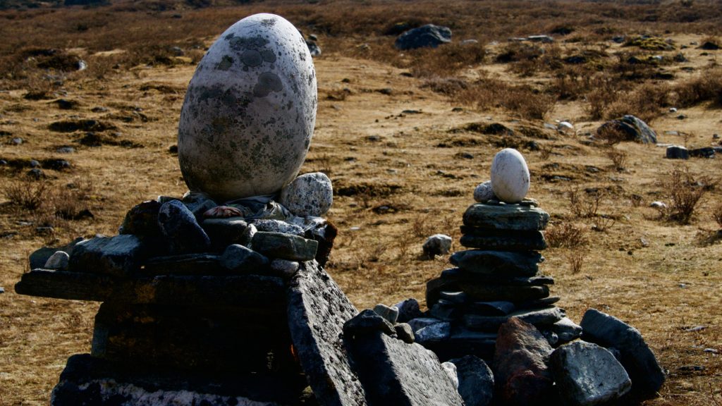 These stacks with egg-like rocks on top were as tall as us.