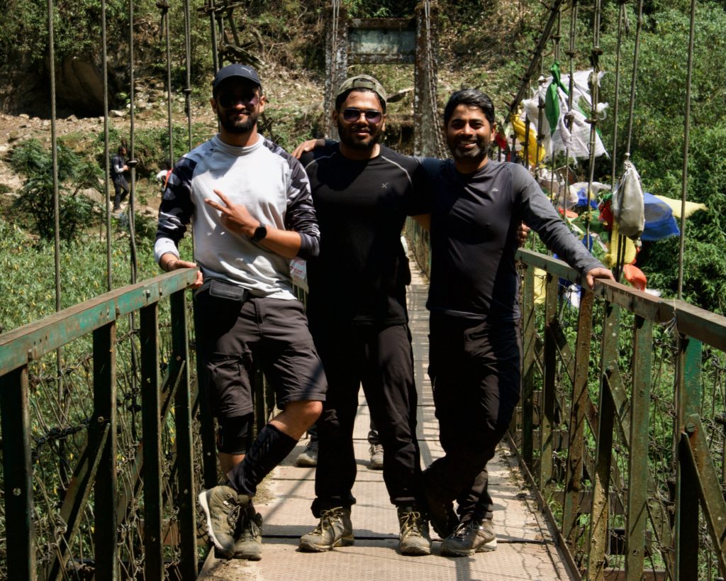 Mayank, Rajdeep and me on our way back posing on the hanging bridge over Prek Chu.