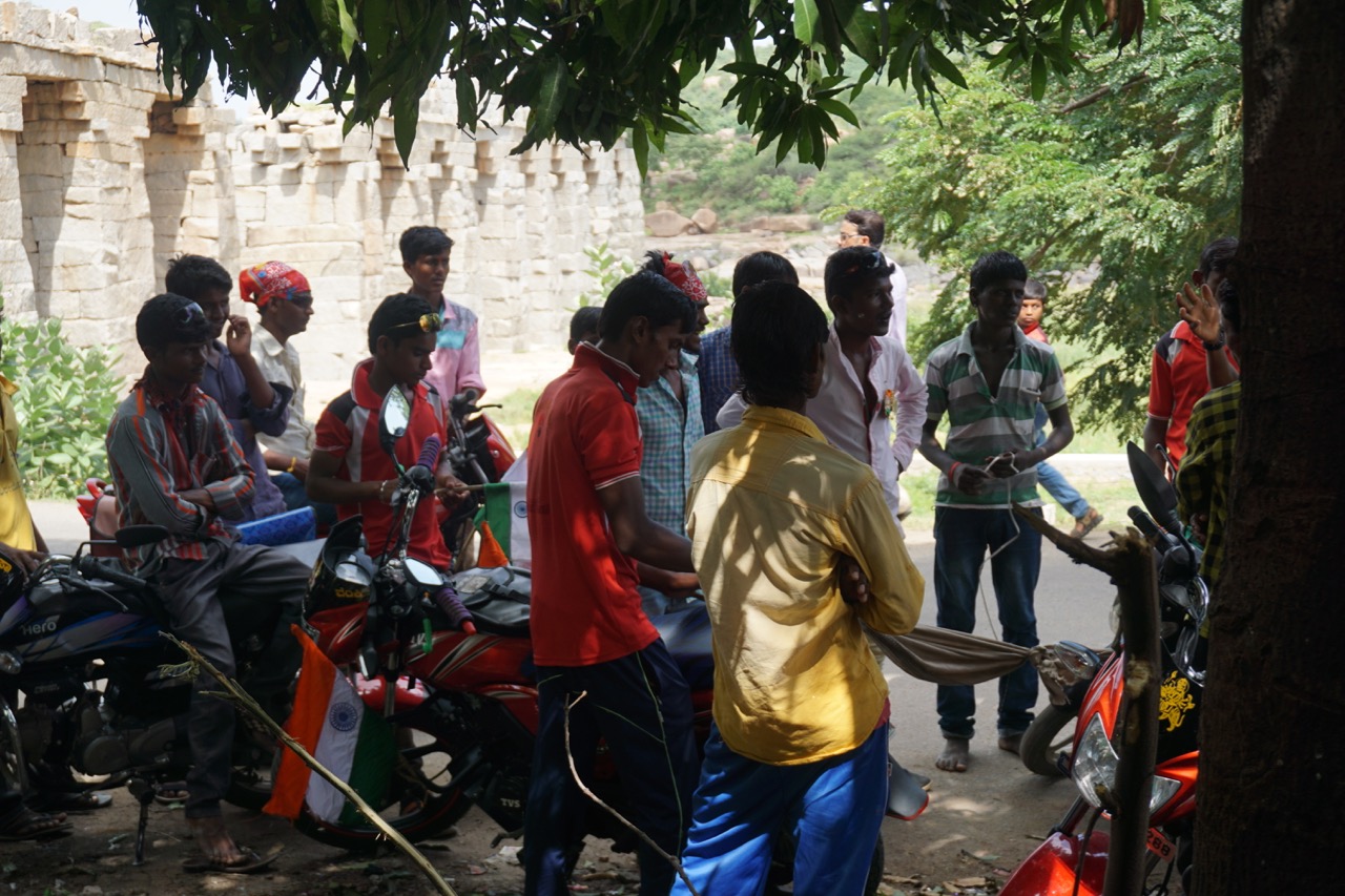 A group of patriotic bikers stopped for some rest.