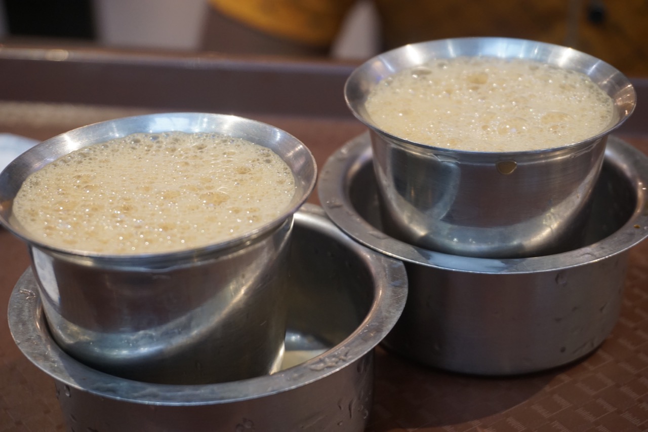 They serve the coffee in traditional South Indian cups and saucers. These contain their Kapi Bluegrass.