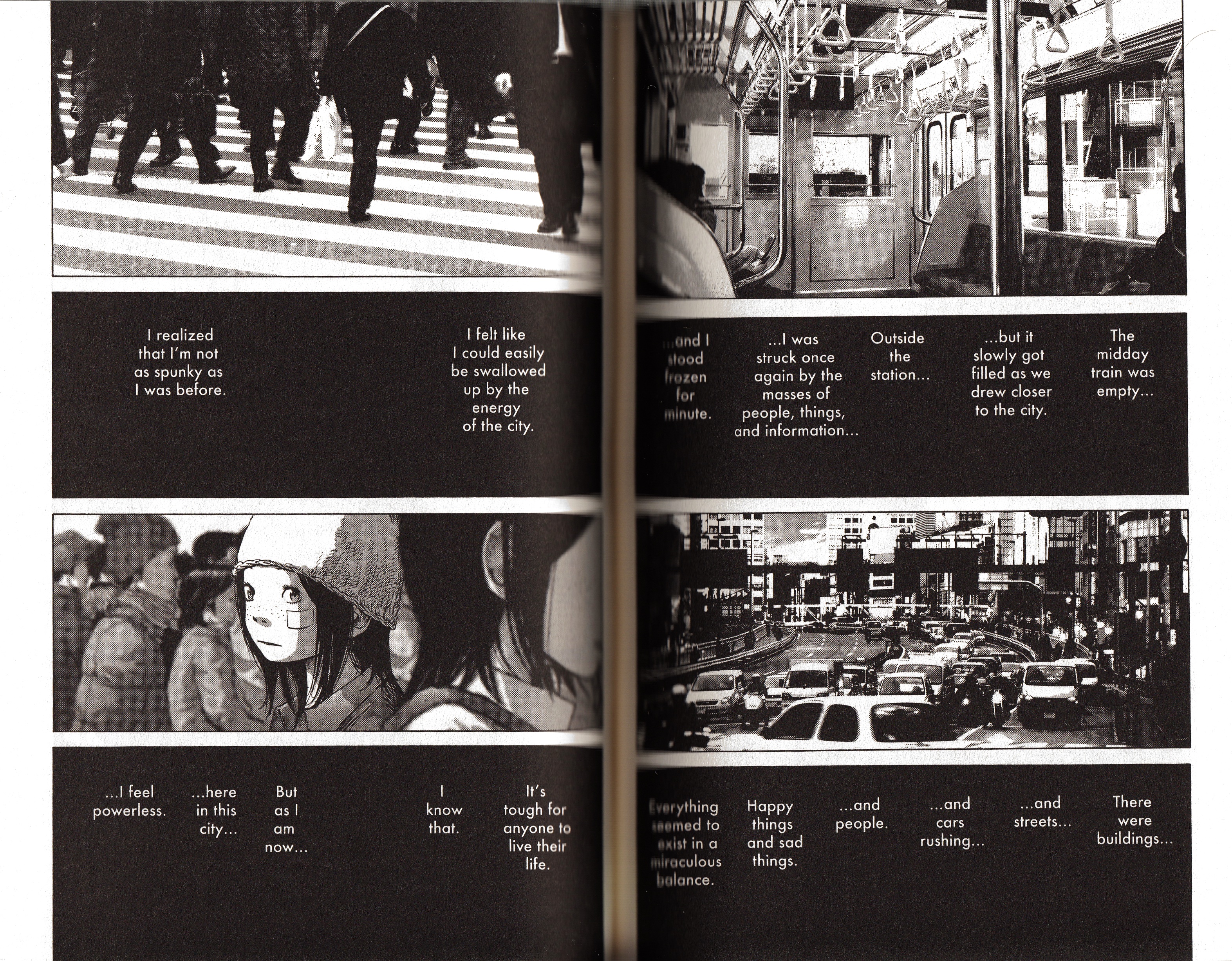 Look at the close up of the handlebar and how it renders the front wheel smaller in perspective, or how Imaizumi appears to be so farther away from Onoda. The best panels are spread across two pages. Sadly, my scanner darkens the area near the binding.